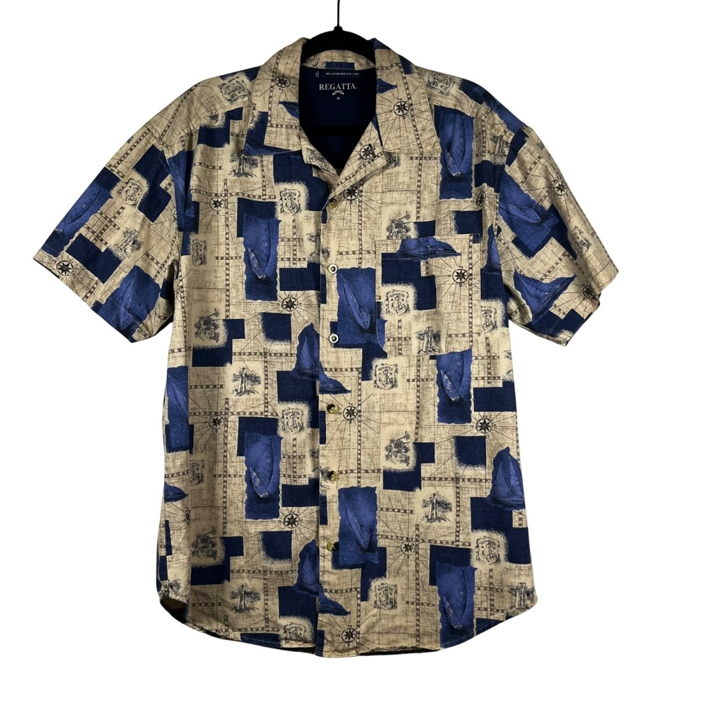 Regatta Button‎ Down Shirt Mens Blue Nautical Sailboat Map Print Size M